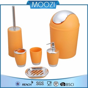 6 Piece Plastic Bath Accessory Bathroom Set, MOOZI Lotion Dispenser,Toothbrush Holder,Tumbler Cup,Soap Dish, Trash Can,Toilet Br