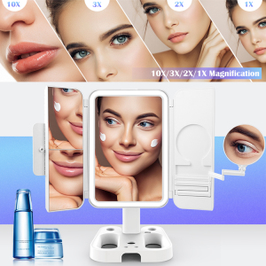 Tri-fold led light mirror with 2X 3X 10X magnification LED Makeup Mirror with touch screen