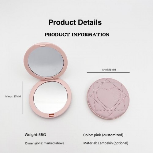 Mini Luxury Pink Genuine Leather Metal Zinc Alloy Pocket Foldable Makeup Mirror
