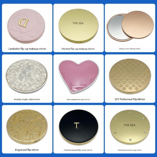 Mini Luxury Pink Genuine Leather Metal Zinc Alloy Pocket Foldable Makeup Mirror