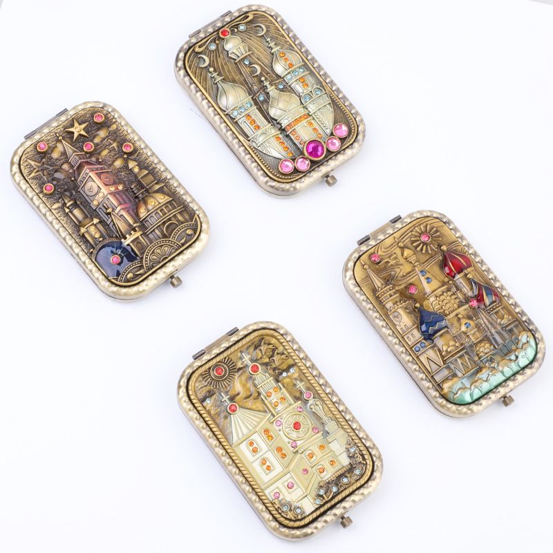 3D Relief Zinc Alloy Retro Castle Design Portable Makeup Mirror