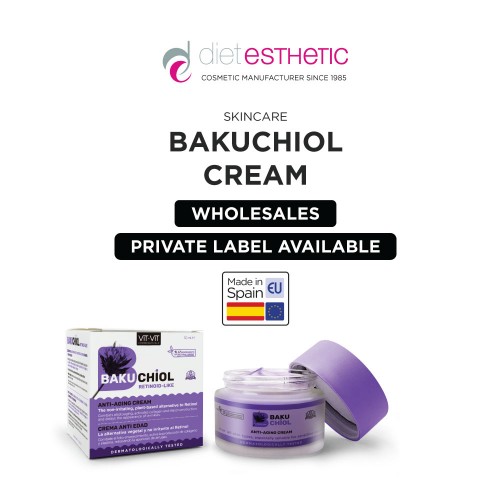 Bakuchiol Cream 50ml. Anti-Agin Vegan Moisturizer, Bakuchiol, Alternative To Retinol. Ideal For Sentitive And Oily Skin. With Hyaluronic Acid, Niacinamide And Bakuchiol. Reduces Fine Lines And Wrinkles, Evens The Tone Skin, Ideal For Acne-Prone Skin. Vegan Skincare Wholesales And Private Label