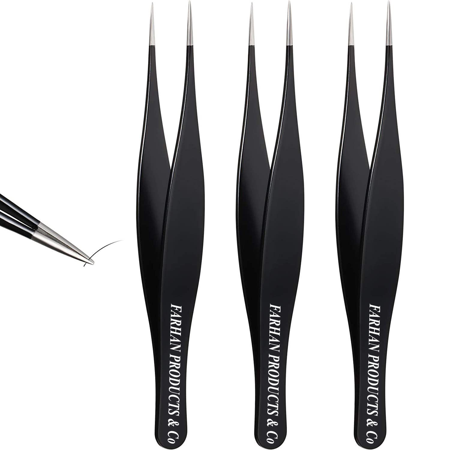 3PCS Hair Tweezers Needle Nose Pointed Stainless Steel Blackhead Remover for Eyebrow Hair Facial Hair Removal (Black)