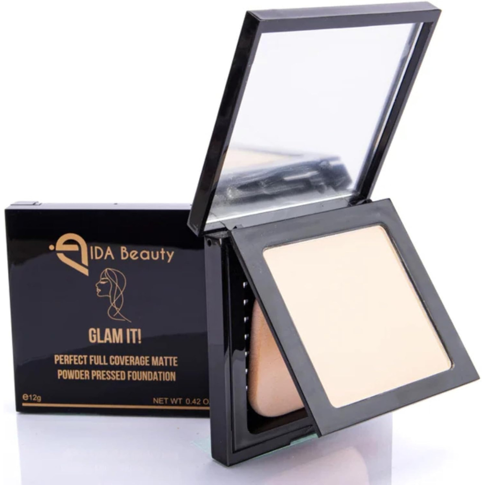IDA Beauty Glam It! Perfect Foundation Full Coverage Matte Makeup Powder Pressed Foundation | 2-in-1 Setting & Foundation |Long-Lasting, Lightweight | Vegan, Halal, Cruelty-Free (12g)