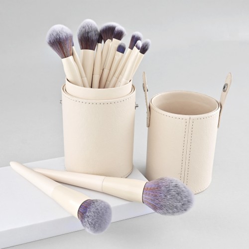 Custom Logo 15Pcs Makeup Brush Set with PU Leather Cylinder Holder Premium Soft Synthetic Hair Cosmetic Brushes Wholesale OEM/ODM