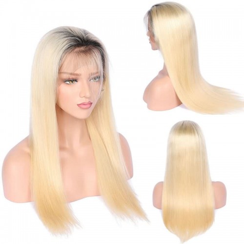 In stock color T1B-613 lace front wigs 130% density Platinum ombre blonde human hair wigs silky straight baby hair