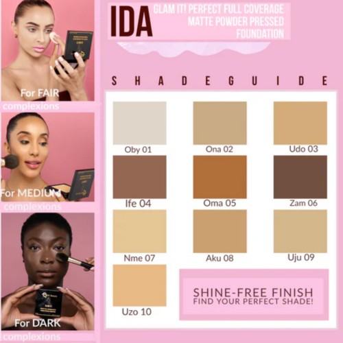 IDA Beauty Glam It! Perfect Foundation Full Coverage Matte Makeup Powder Pressed Foundation | 2-in-1 Setting & Foundation |Long-Lasting, Lightweight | Vegan, Halal, Cruelty-Free (12g)