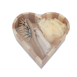 Promotional wood heart box 5pcs  bath accessory set, Loofah Brush /comb Wooden box spa set /Bath Gift bath Set