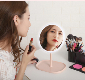 Wholesale Pink Standing Table Mirror LED Makeup Mirror with Container