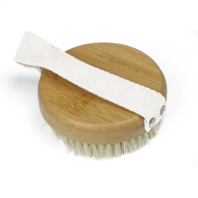 100% Natural Bamboo Wood Round Bamboo Bath Brush with Boar Bristle Skin Scrub Exfoliating Scrubber for Wet and Dry Use