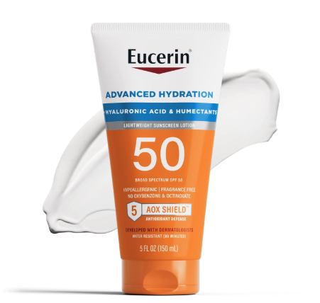 Eucerin Sun Advanced Hydration SPF 50 Sunscreen Lotion – Lightweight, Fragrance-Free, Hypoallergenic