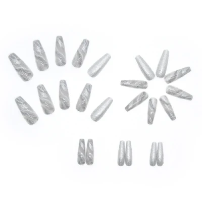 Long Coffin Shape Fake Nail Tips Sliver Glitter Powder Light Artificial Fingernails