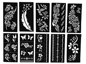 Stencils for Henna Tattoos (10 Sheets) Self-Adhesive Beautiful Body Art Temporary Tattoo Templates, Henna, Flower,