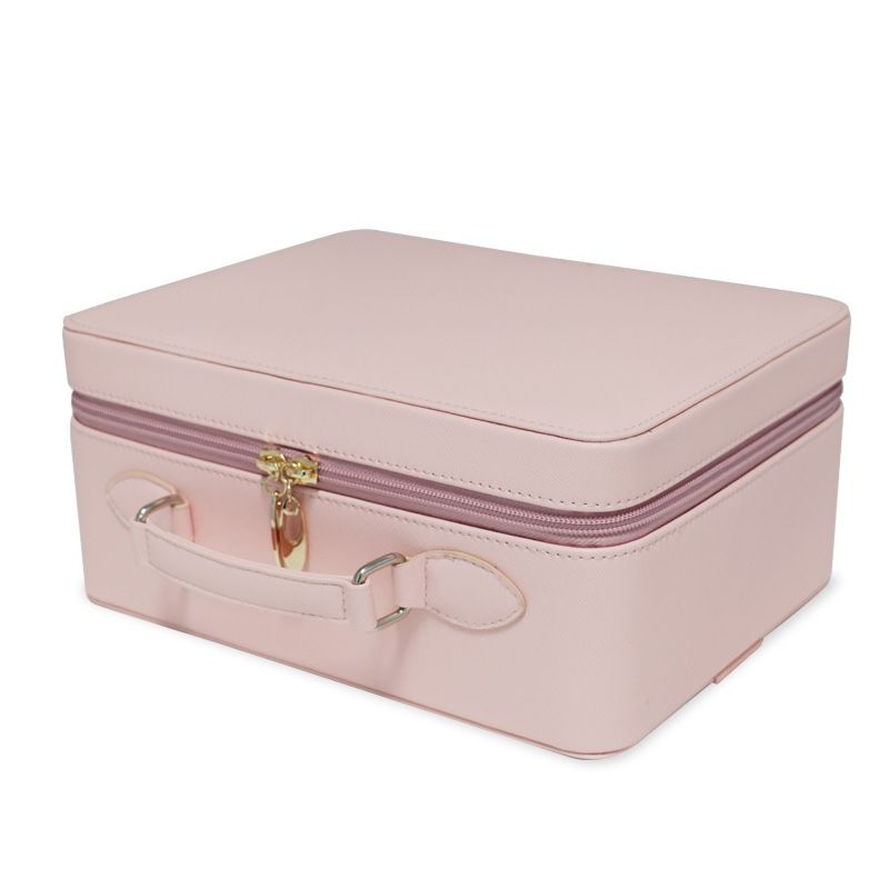 Portable Travel Cosmetic Jewelry Storage Box With Built-In Touch-Sensitive Rechargeable Desktop Tri-color LED Makeup Mirror