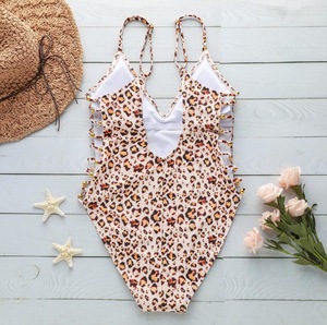 STOCK Lepoard Print V-NECK Strappy Sides Beads Lady One Piece Bathing Suit Swimwear