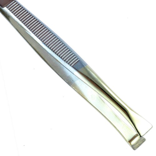 Gold Tipped Surgical Grade German Stainless Steel Tweezer (Slanted)-Flawless Eyebrow and Facial Hair Shaping and Removal Tweezer