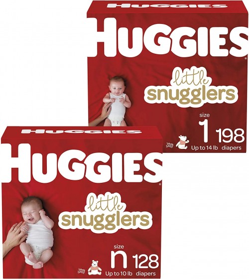 Newborn Baby Diapers (128ct) & Size 1 (198ct), Huggies Little Snugglers