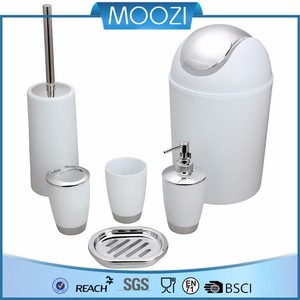 6 Piece Plastic Bath Accessory Bathroom Set, MOOZI Lotion Dispenser,Toothbrush Holder,Tumbler Cup,Soap Dish, Trash Can,Toilet Br