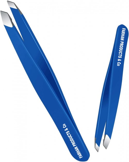 Stainless Steel Slant Tip Tweezers Professional Eyebrow & Eyelash Tweezers for Your Daily Beauty Routine ( Blue )