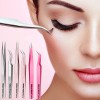9 Pieces Eyelash Extension Tweezers Mirror Set with Container Including 6 Pieces Straight and Curved Tweezers 3 Pcs Mirrors