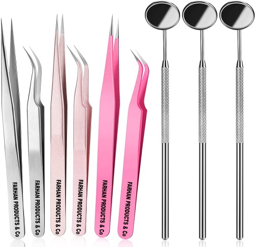 9 Pieces Eyelash Extension Tweezers Mirror Set with Container Including 6 Pieces Straight and Curved Tweezers 3 Pcs Mirrors