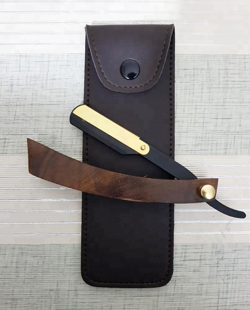 Barber straight razor matte black and gold wood handle