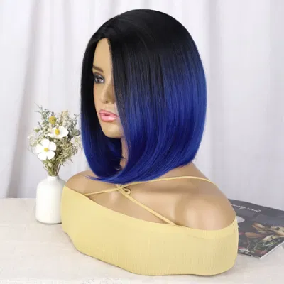 Synthetic Wig Straight Short Bob Ombre Blue Hair Side Part Wigs