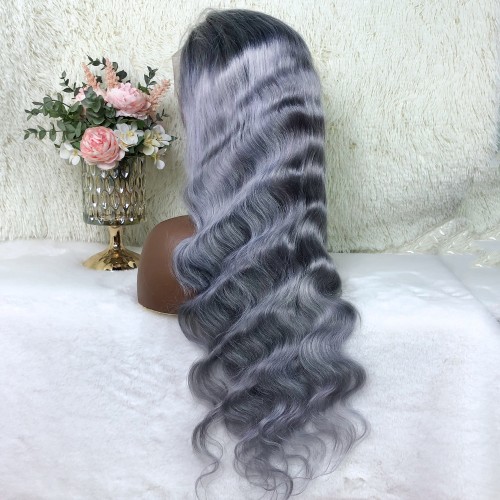 Silver Gray Human Hair Wigs Silver Blonde Colored Lace Front Wig Body Wave 180 Density