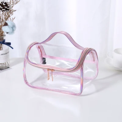 Custom Logo Pink Waterproof Cosmetic Bag Transparent Vanity Beauty PVC Clear Bag