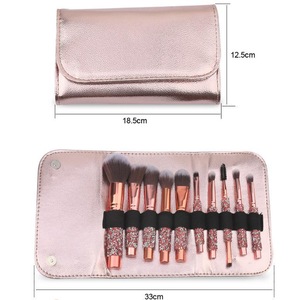 Newly hot sale 10pcs brush kit crystal handle makeup brushes with pu pouch