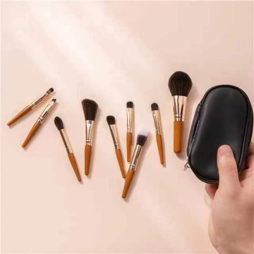 9pcs Professional Makeup Brush Set with Zipper Leather Pouch Caramel Brown Cosmetic Brushes for Foundation Powder Eyeshadow Private Label