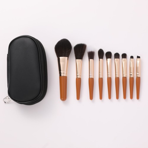 9pcs Professional Makeup Brush Set with Zipper Leather Pouch Caramel Brown Cosmetic Brushes for Foundation Powder Eyeshadow Private Label