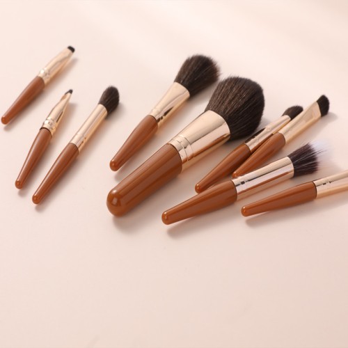9pcs Professional Makeup Brush Set with Zipper Leather Pouch Caramel Brown Cosmetic Brushes for Foundation Powder Eyeshadow Private Label
