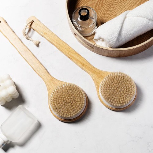 wholesale dry brush, bamboo boar bristle dry brush, long handle, custom body exfoliator scrub brush, shower brush