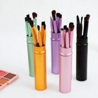 5pcs Portable Eyeshadow Makeup Brush Set with Aluminum Tube Holder - Soft Synthetic Bristles Eye Blending, Eyebrow & Lip Brushes for Travel & Daily Use, Multiple Colors Available