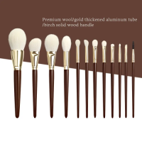 Factory Wholesale 11 Pcs Premium Wool Makeup Brush Set Birch Solid Wood Handle Gold Aluminum Tube Private Label Face Eye Cosmetic Brushes