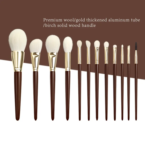 Factory Wholesale 11 Pcs Premium Wool Makeup Brush Set Birch Solid Wood Handle Gold Aluminum Tube Private Label Face Eye Cosmetic Brushes