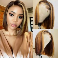 Highlight 4/27 Short Bob Lace Closure Human Hair Wigs For Black Women 180% Density Brazilian Hair Straight 4x4 Lace Closure Brown Blonde Mixed Colored Wig