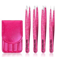 3PCS Professional Stainless Steel Slant Tip and Point Eyebrows Ingrown Hair Facial Hair Blackhead and Lash Extension (Rose Red)
