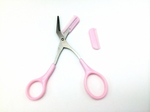 Pink Plastic Handle Makeup Eyebrow Trimmer Cutting Scissor With Mini Comb