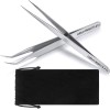 2 Pieces Straight and Curved Tip Tweezers Eyelash Extension Tweezers Stainless Steel False Lash Application Tools (Sliver)