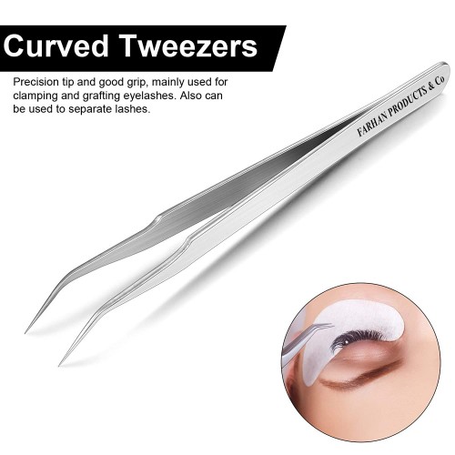 2 Pieces Straight and Curved Tip Tweezers Eyelash Extension Tweezers Stainless Steel False Lash Application Tools (Sliver)