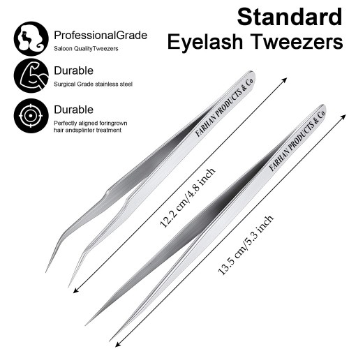 2 Pieces Straight and Curved Tip Tweezers Eyelash Extension Tweezers Stainless Steel False Lash Application Tools (Sliver)