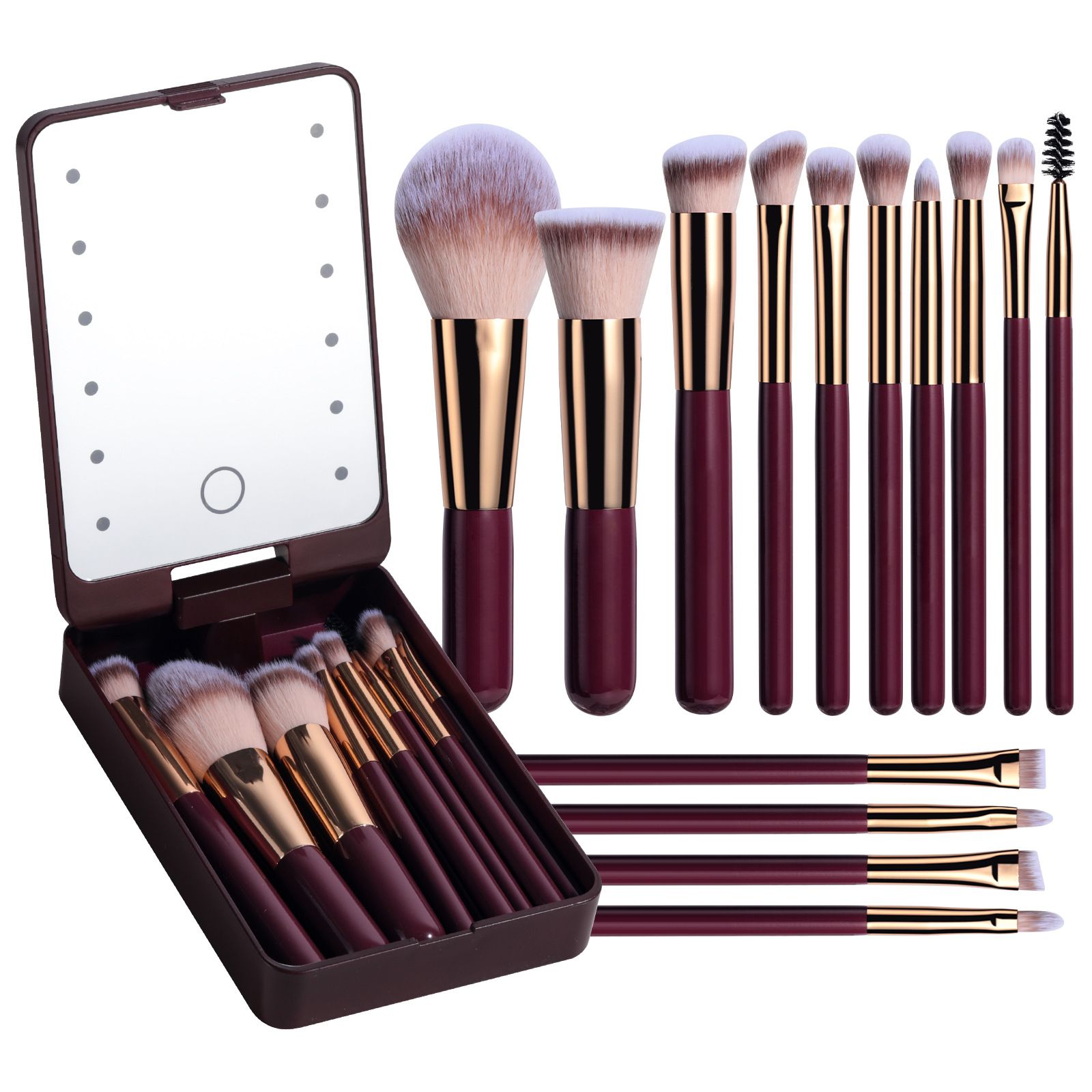 14PCS Professional Makeup Brush Set with LED Light Mirror Case – Synthetic Bristles, Travel Cosmetic Brush Kit for Wholesale