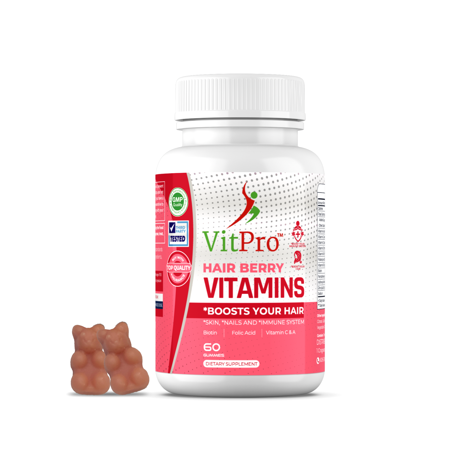 VitPro Hair, Skin and Nails Vitamin Gummies with Biotin, Vitamin A, E, D, B-12 and Folic Acid (60 Gummies)