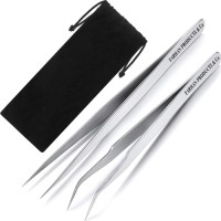2 Pieces Straight and Curved Tip Tweezers Eyelash Extension Tweezers Stainless Steel False Lash Application Tools (Sliver)