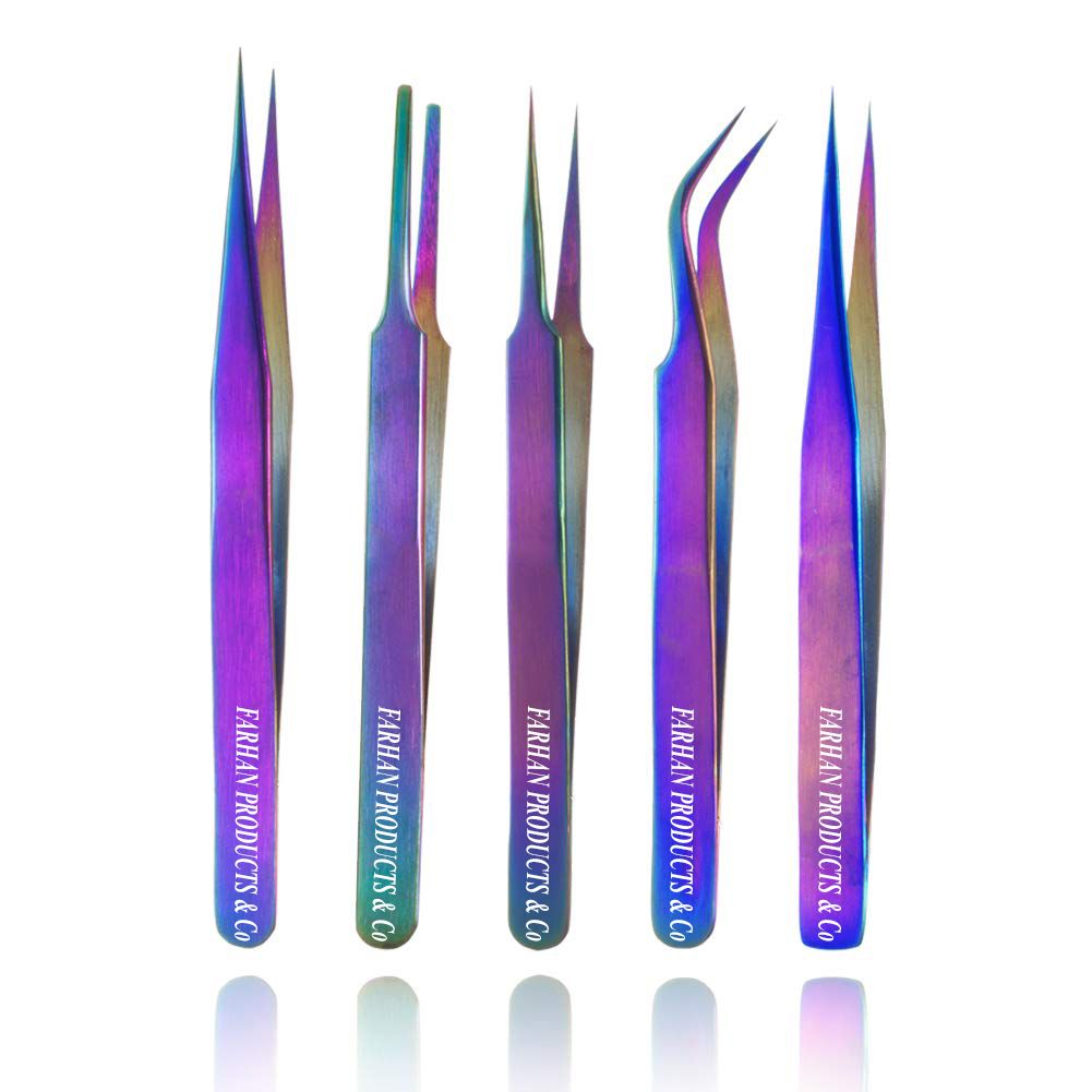Rainbow Stainless Steel Tweezers Kit Anti-Static Tweezers Set For Eyelash Extension Facial Hair Eyebrows Nail Art 5PCS