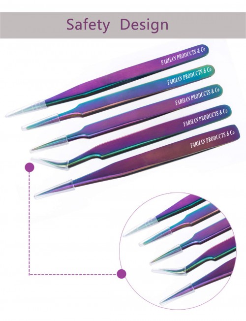 Rainbow Stainless Steel Tweezers Kit Anti-Static Tweezers Set For Eyelash Extension Facial Hair Eyebrows Nail Art 5PCS