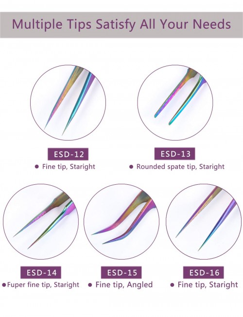 Rainbow Stainless Steel Tweezers Kit Anti-Static Tweezers Set For Eyelash Extension Facial Hair Eyebrows Nail Art 5PCS