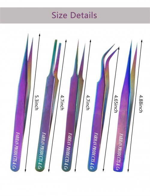 Rainbow Stainless Steel Tweezers Kit Anti-Static Tweezers Set For Eyelash Extension Facial Hair Eyebrows Nail Art 5PCS